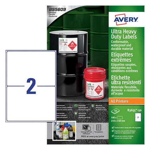 Etichette in Teslin bianco Avery Laser/Inkjet 2 et./foglio 210×148 mm conf. 50 fogli – B3655-50