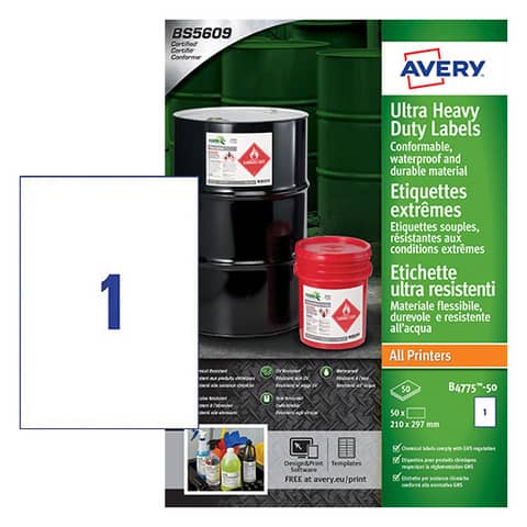 Etichette in Teslin bianco Avery Laser/Inkjet 1 et./foglio 210×297 mm conf. 50 fogli – B4775-50