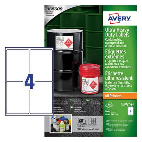 Etichette in Teslin bianco Avery Laser/Inkjet 4 et./foglio 105×148 mm conf. 50 fogli – B3483-50