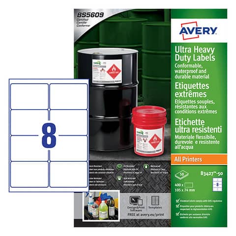 Etichette in Teslin bianco Avery Laser/Inkjet 8 et./foglio 105×74 mm conf. 50 fogli – B3427-50