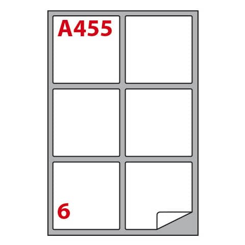 Etichette bianche permanenti Copiatabu A455 laser/inkjet – 6 et./foglio – conf. 100 fogli Markin 99,1×93,1 mm – X210A455