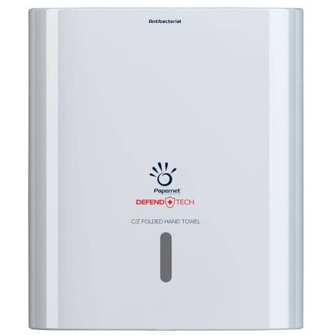 Dispenser antibatterico con adattatore Papernet Defend Tech per asciugamani piegati a C e Z bianco – 33,6x30x14,5 cm