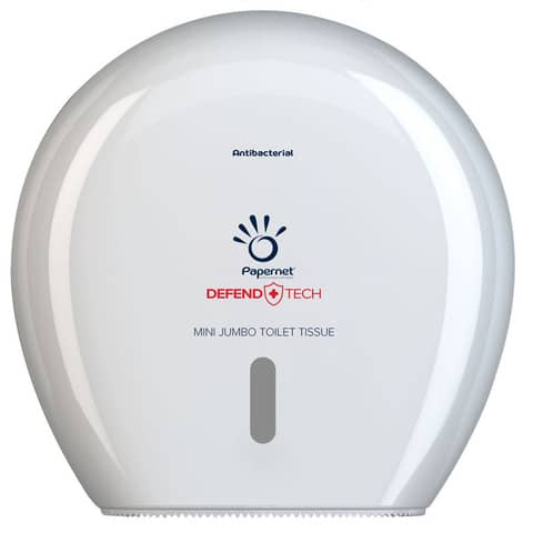 Dispenser antibatterico per carta igienica Mini Jumbo Defend Tech – 24,9×25,7×14,8 cm Papernet bianco –