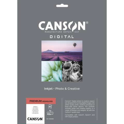 Carta fotografica Premium bianca 20 fogli – 255 g/m²  HighGloss RC Canson A4 C33300S005