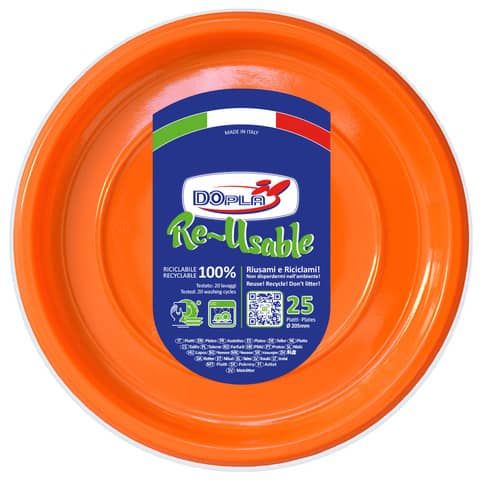 Piatti fondi arancioni in polistirene h.32 mm conf. 25 pz Dopla Reusable Ø 205 mm – 11826