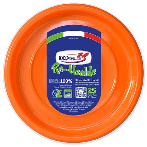 Piatti frutta arancioni in polistirene h.18 mm conf. 25 pz Dopla Reusable Ø 170 mm – 11742