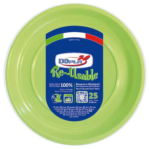Piatti fondi verde acido in polistirene h.32 mm conf. 25 pz Dopla Reusable Ø 205 mm – 11844