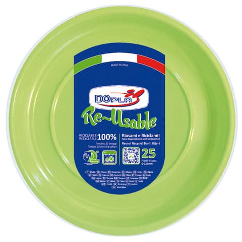 Piatti piani verde acido in polistirene h.19 mm conf. 25 pz Dopla Reusable Ø 220 mm – 11843
