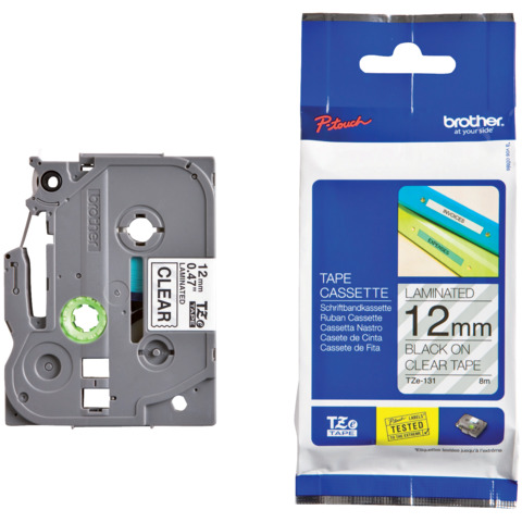 Nastro laminato per etichettarice – 12 mm x 8 mt Brother nero/trasparente TZE-131