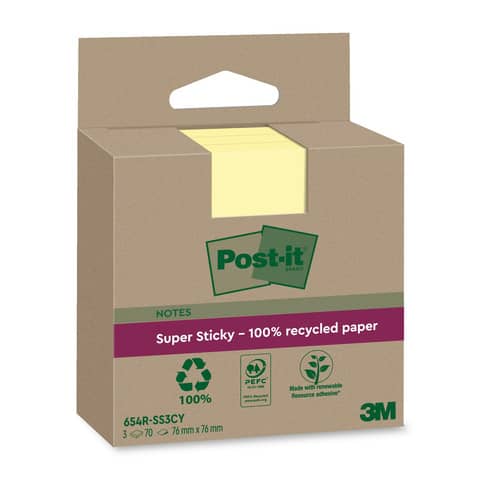 Foglietti riposizionabili Post-it® Super Sticky carta riciclata al 100% 76×76 mm Giallo Canary – 3 blocchetti da 70 ff