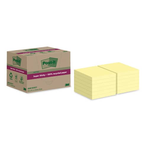 Foglietti riposizionabili Post-it® Super Sticky carta riciclata al 100% 76×76 mm Giallo Canary – 12 blocchetti da 70 ff