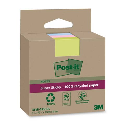 Foglietti riposizionabili Post-it®Super Sticky carta riciclata al 100% assortiti 76×76 mm – 3 blocchetti da 70 ff