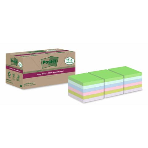Foglietti riposizionabili Post-it®Super Sticky carta riciclata al 100% assortiti 76×76 mm – 18 blocchetti da 70 ff