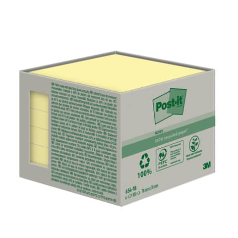 Foglietti riposizionabili Post-it® Notes carta riciclata Giallo Canary™ – 76×76 mm – 6 blocchetti da 100 ff – 654-1B