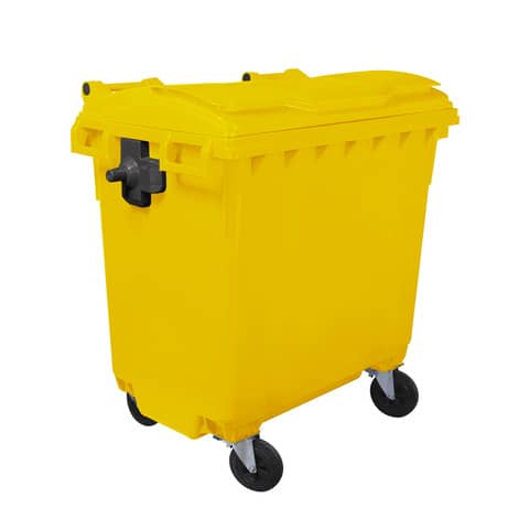 Cassonetto portarifiuti carrellato 770 lt con coperchio piano e maniglie a labbro Mobil Plastic giallo –
