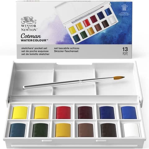 Set acquerelli Winsor&Newton Cotman Sketchers 12 mezzi godet + pennello colori assortiti – 0390640
