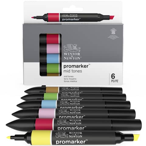 Pennarelli Winsor&Newton Promarker doppia punta fine-larga – conf. 6 pz colori tenui assortiti – 0290112