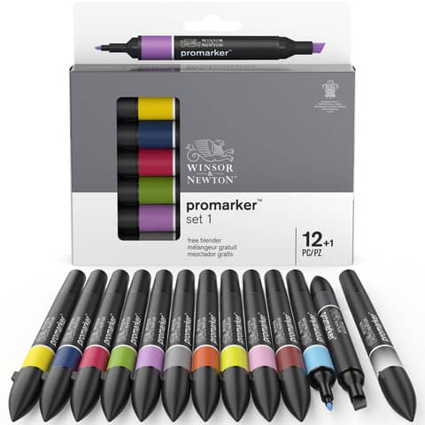 Set 12 pennarelli Winsor&Newton Promarker doppia punta fine-larga – colori assortiti + blender – 0290137
