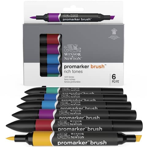 Pennarelli Winsor&Newton Promarker Brush doppia punta scalpello-pennello – conf. 6 pz colori forti assortiti – 0290126