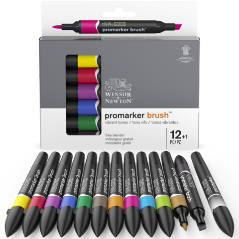 Pennarelli Winsor&Newton Promarker Brush doppia punta scalpello-pennello – conf. 12 colori vivaci + 1 blender – 0290145