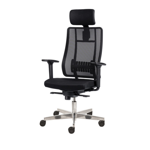 Poltrona semi-direzionale Liberty Syncro Seditaly tessuto ignifugo nero base alluminio con poggiatesta LTGPS18EGB1R1