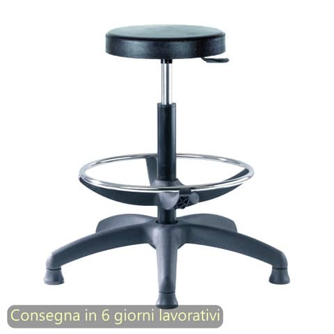 Sgabello tecnico Work 60  tondello in PU flessibile e lavabile nero Seditaly alto con poggiapiedi regolabile LBDSF0000PU01