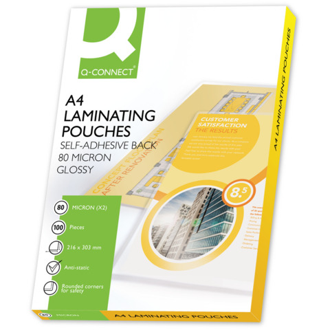 Pouches con retro adesivo per plastificatrici Q-Connect 2×80 µm – A4 lucido – conf. 100 pezzi – KF11414