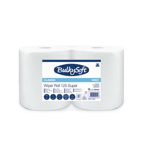 Bobina multiuso 2 veli Bulkysoft Wiper Roll 125 in cellulosa – 125 m bianco – conf. 2 rotoli – 55921.E10