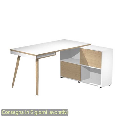Scrivania Maxi su mobile contenitore e gambe rastremate in legno bianco/rovere 160x140xH.81,5 cm  – 19130-DK-3C-AQ