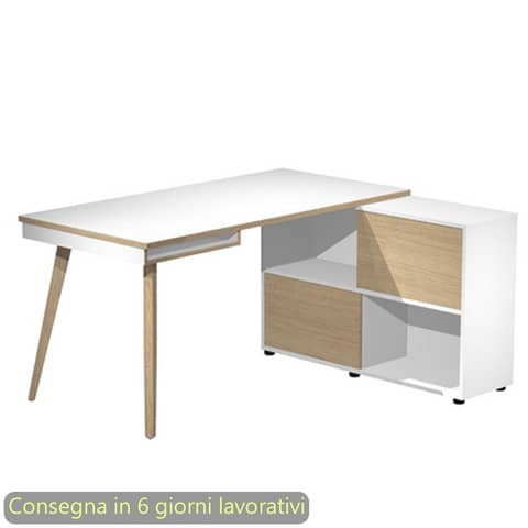 Scrivania Midi su mobile contenitore e gambe rastremate in legno bianco/rovere 130x120xH.81,5 cm – 20080-DK-3C-AQ