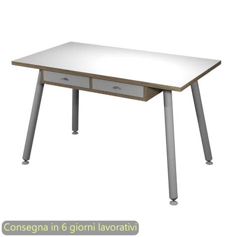 Scrivania gambe in metallo Artexport 120x60xH.74,4cm bianco/rovere con sottopiano con 2 cassetti – 206-DJB-AN
