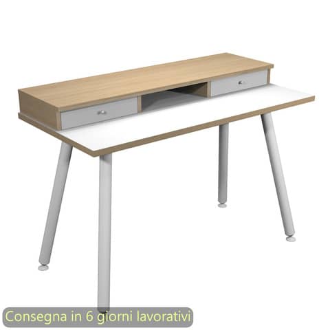 Scrivania gambe in metallo 120x60xH.74,4cm bianco/rovere Artexport con sopralzo con 2 cassetti – 207-DJB-AN