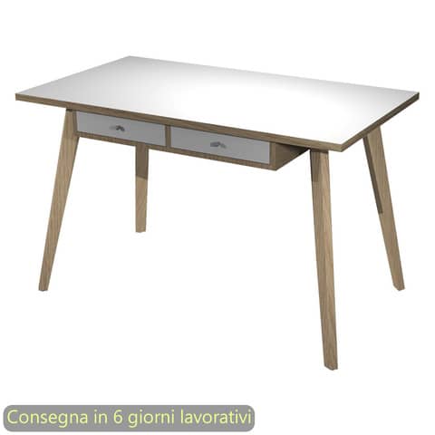 Scrivania gambe in legno 120x60xH.74,4cm bianco/rovere Artexport con sottopiano con 2 cassetti – 206-DKB-AQ