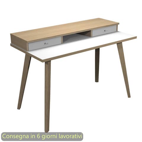 Scrivania gambe in legno 120x60xH.74,4cm bianco/rovere Artexport con sopralzo con 2 cassetti – 207-DKB-AQ