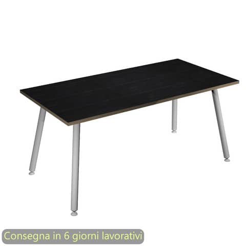Scrivania piano nero venato frassino 180x80xH.74,4 cm gamba metallo tubolare bianca Skinny Metal – 6405-DJA-8C-AN