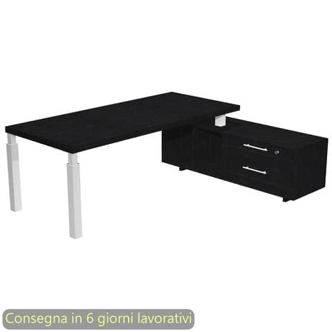 Scrivania manageriale con mobile di servizio nero ven.frassino 195x170xH76,2 cm gamba sez. quadrata bianca Flora