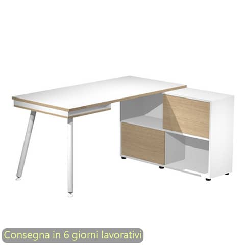 Scrivania su mobile contenitore bianco e rovere gamba tubolare in metallo bianco 160x140xH.81,5 cm Maxi – 19130-DJ-3C-AN