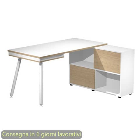 Scrivania su mobile contenitore bianco e rovere gamba tubolare in metallo bianco 130x120xH.81,5 cm Maxi – 20080-DJ-3C-AN