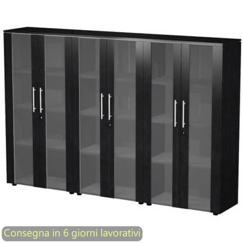 Composizione 3 mobili medi con ante vetro/melam. 162,8x43xH.158,2 cm Flora Artexport nero venato frassino