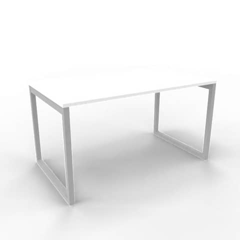 Scrivania piano bianco 140x80xH.75 cm gamba ad anello in acciaio argento linea Practika P2 Quadrifoglio – ECSAT140-BA-A