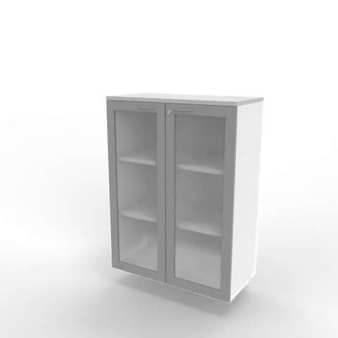 Armadio medio ante vetro telaio MDF, top grigio scocca bianca 90x45xH.123,2 cm Practika Quadrifoglio – ECEM90T-GR-BA-V3