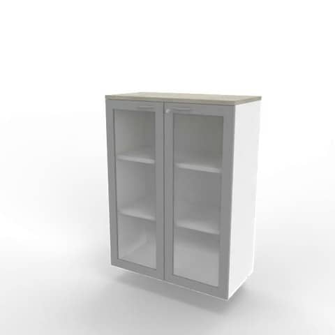 Armadio medio ante vetro telaio MDF, top cemento scocca bianca 90x45xH.123,2 cm Practika Quadrifoglio – ECEM90T-CL-BA-V3
