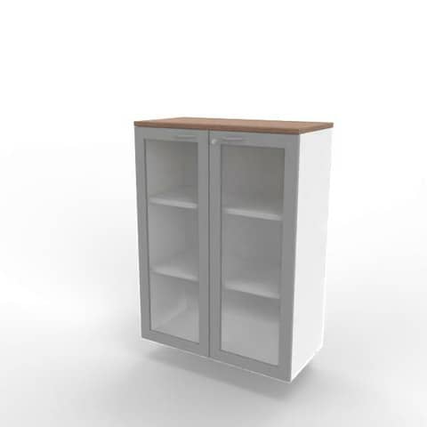 Armadio medio ante vetro telaio MDF, top noce canaletto scocca bianca 90x45xH.123,2 cm – ECEM90T-NO-BA-V3