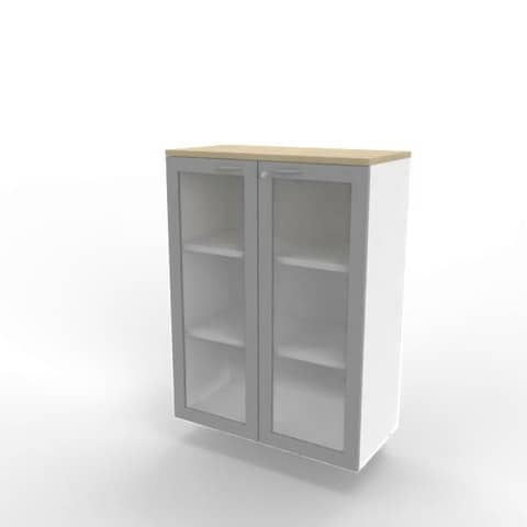 Armadio medio ante vetro telaio MDF, top rovere scocca bianca 90x45xH.123,2 cm Practika Quadrifoglio – ECEM90T-RK-BA-V3