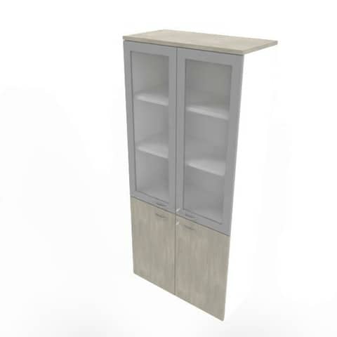 Armadio alto con ante basse cemento e alte in vetro telaio MDF scocca bianca 90x45xH.200 cm – ECE490T-CL-BA-V3