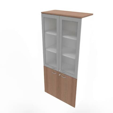 Armadio alto ante basse noce canaletto e alte in vetro telaio MDF scocca bianca 90x45xH.200 cm – ECE490T-NO-BA-V3