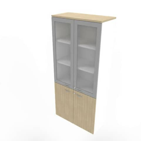 Armadio alto con ante basse rovere e alte in vetro telaio MDF scocca bianca 90x45xH.200 cm – ECE490T-RK-BA-V3