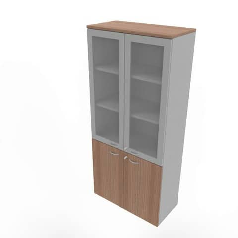 Armadio alto ante basse noce canaletto e alte in vetro telaio MDF scocca argento 90x45xH.200 cm – ECE490T-NO-AA-V3