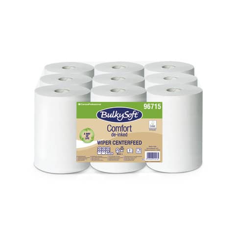 Asciugamani in rotoli Bulkysoft Comfort a estrazione interna – 200 strappi – 2 veli – 30 cm x 60 m cf. 9 pz – 96715.E10