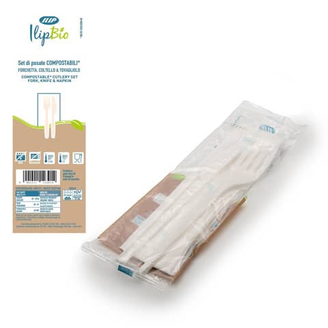 Set 2 posate bianche coltello + forchetta con tovagliolo in PLA BIO – IlipBio conf. da 250 pezzi – 81003